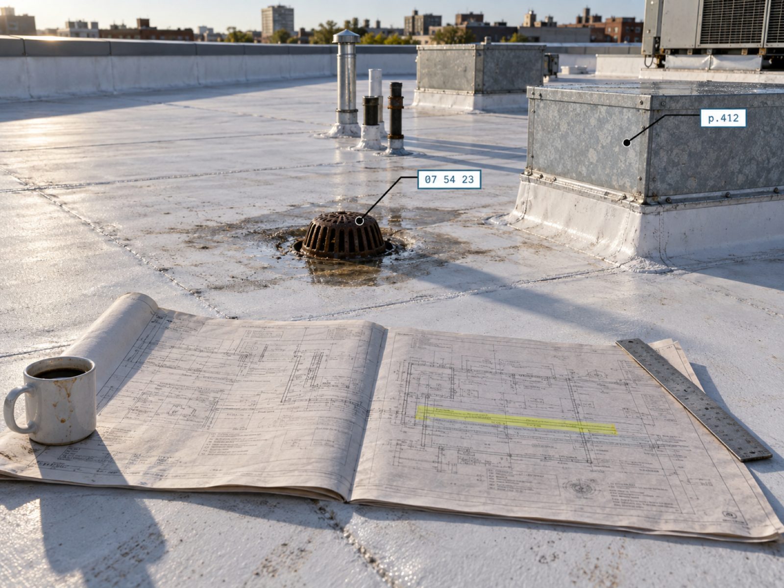 Single-ply membrane roof at sunrise with curbs, vents and a drain, the roofing scope a bid package describes