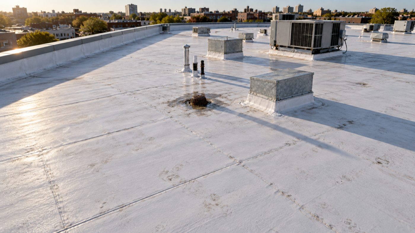 Low-slope membrane roof read end to end at sunrise